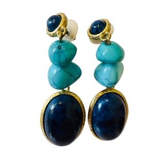 Vintage Boho Teal Turquoise Blue Stone Drop Earrings Gold Tone